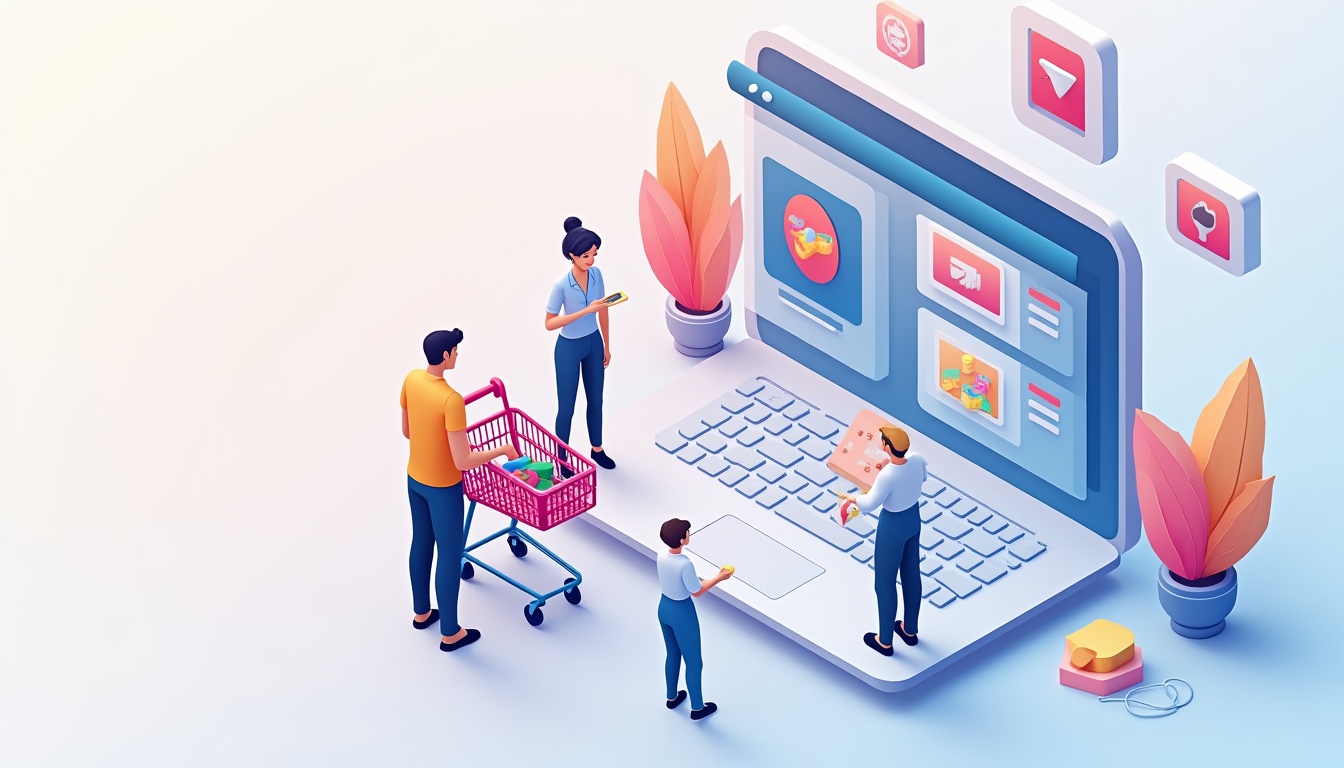 Ilustrație cu un magazin online modern și elemente de tehnologie pentru anul 2026