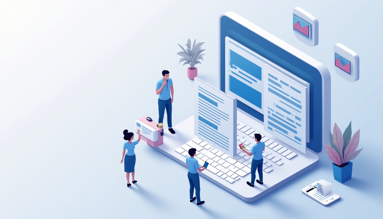 Ilustrație cu elemente cheie pentru creare site stiri de succes: laptop, știri, trafic web.