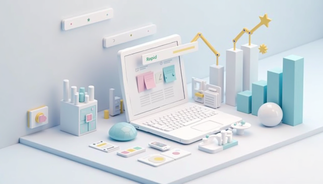 Ilustrație cu procesul de creare siteuri web, de la idee la lansare, evidențiind etapele esențiale