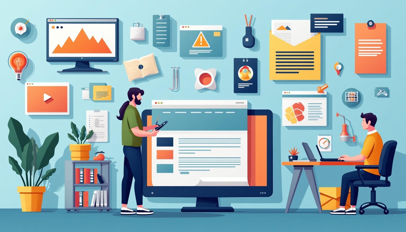 Ilustrație grafică cu elemente cheie pentru o creare de site web de succes, inclusiv design, SEO, securitate și viteză